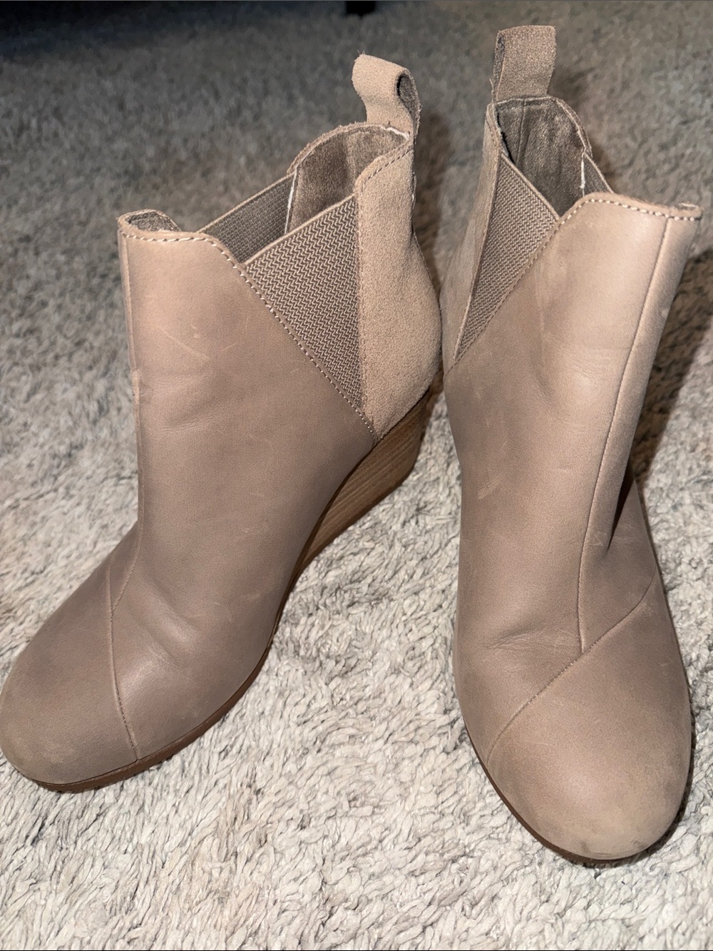 TOMS Taupe Ankle Booties Wedge 3”Heel collegiate casual neutral feminine slip on